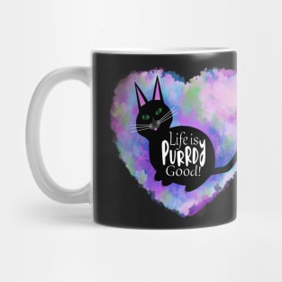 Cute Black Cat and Purple Rainbow Heart. Life is Purrdy Good! Mug